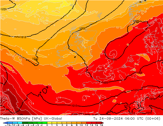 Theta-W 850hPa UK-Global Tu 24.09.2024 06 UTC