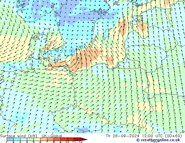 Surface wind (bft) UK-Global Čt 26.09.2024 12 UTC