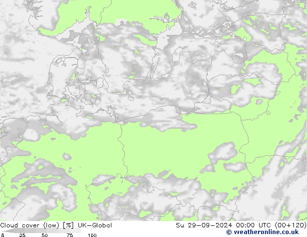 Cloud cover (low) UK-Global Su 29.09.2024 00 UTC