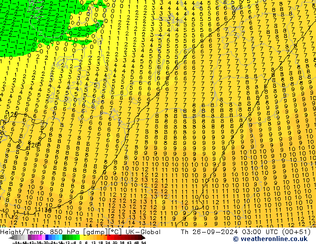 Height/Temp. 850 гПа UK-Global чт 26.09.2024 03 UTC