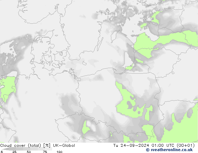 Cloud cover (total) UK-Global Tu 24.09.2024 01 UTC