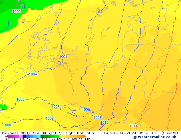 Thck 850-1000 гПа UK-Global вт 24.09.2024 06 UTC