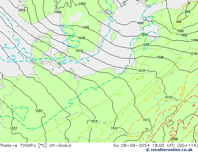 Theta-e 700гПа UK-Global сб 28.09.2024 18 UTC