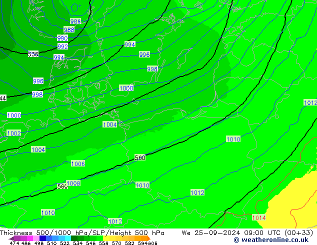 Espesor 500-1000 hPa UK-Global mié 25.09.2024 09 UTC