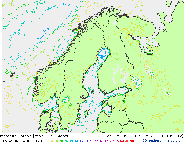 Isotachen (mph) UK-Global Mi 25.09.2024 18 UTC
