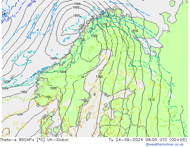 Theta-e 850hPa UK-Global Sa 24.09.2024 06 UTC