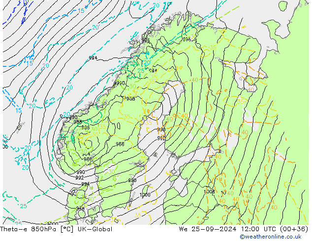 Theta-e 850hPa UK-Global St 25.09.2024 12 UTC