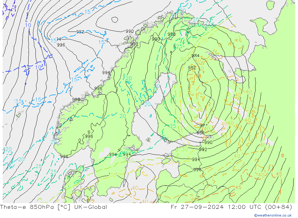 Theta-e 850hPa UK-Global Pá 27.09.2024 12 UTC