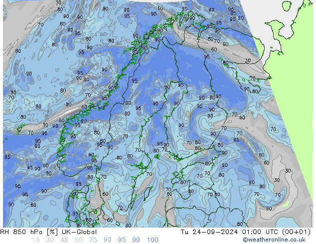 RH 850 гПа UK-Global вт 24.09.2024 01 UTC