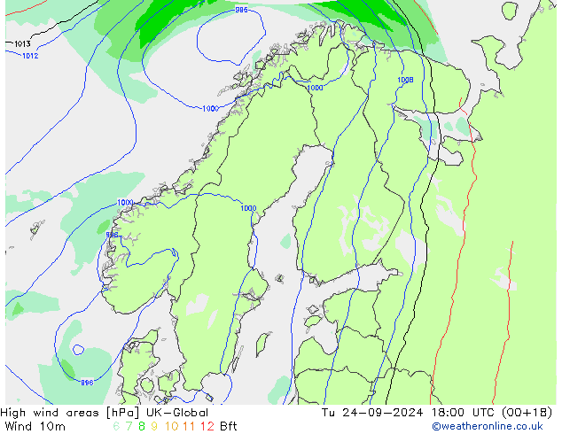 High wind areas UK-Global вт 24.09.2024 18 UTC
