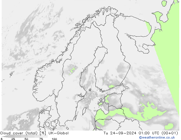 Cloud cover (total) UK-Global Tu 24.09.2024 01 UTC