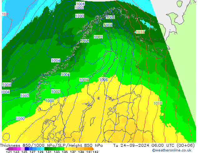 850-1000 hPa Kalınlığı UK-Global Sa 24.09.2024 06 UTC