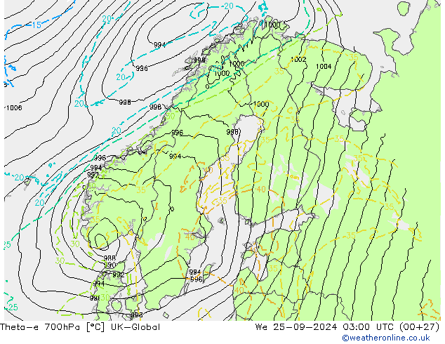 Theta-e 700hPa UK-Global We 25.09.2024 03 UTC