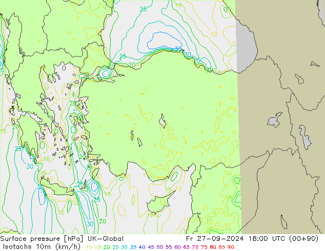 Izotacha (km/godz) UK-Global pt. 27.09.2024 18 UTC