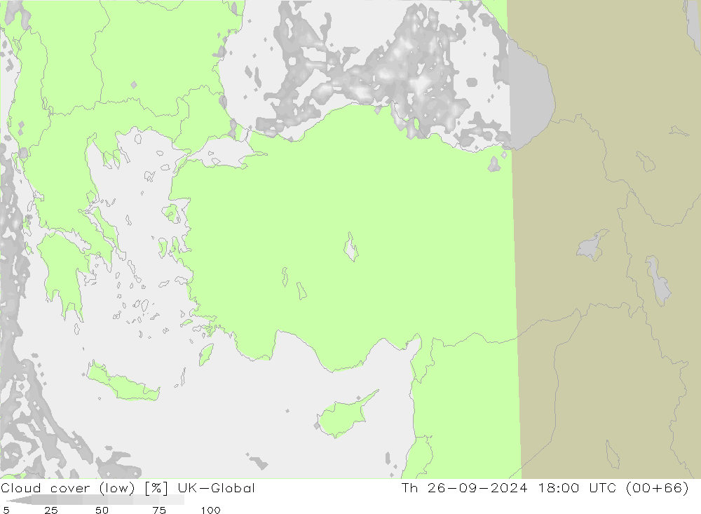 Cloud cover (low) UK-Global Th 26.09.2024 18 UTC