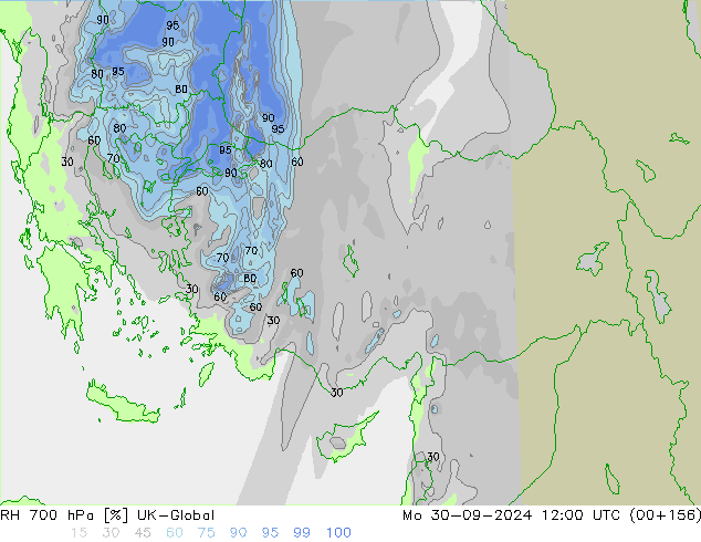 RH 700 hPa UK-Global Mo 30.09.2024 12 UTC
