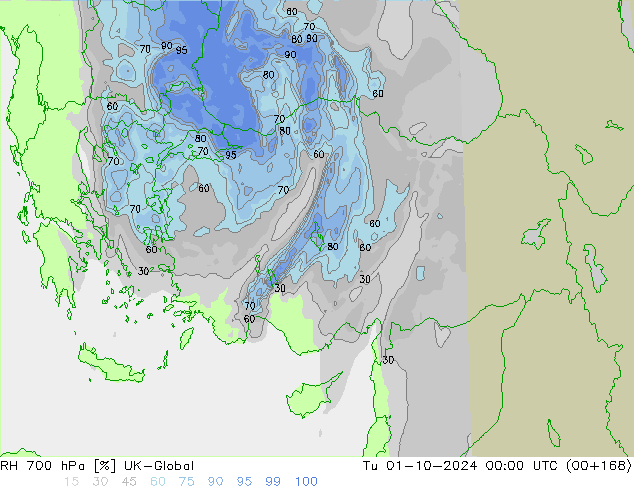 Humedad rel. 700hPa UK-Global mar 01.10.2024 00 UTC