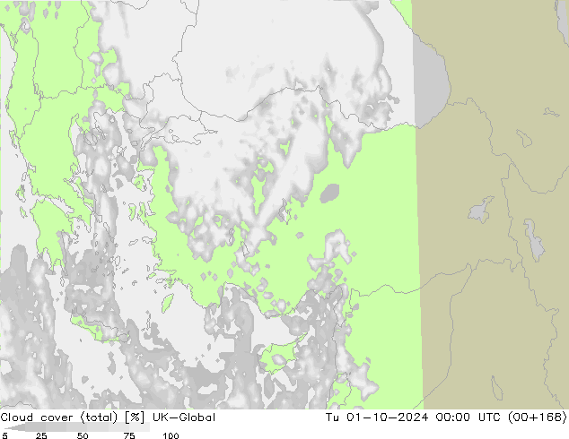 Cloud cover (total) UK-Global Tu 01.10.2024 00 UTC