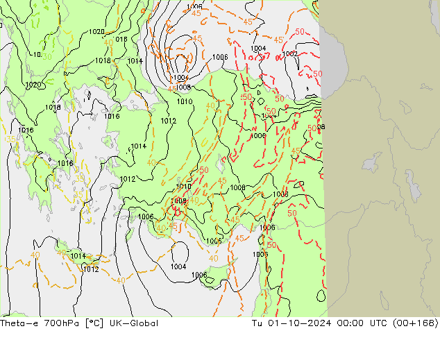 Theta-e 700hPa UK-Global mar 01.10.2024 00 UTC