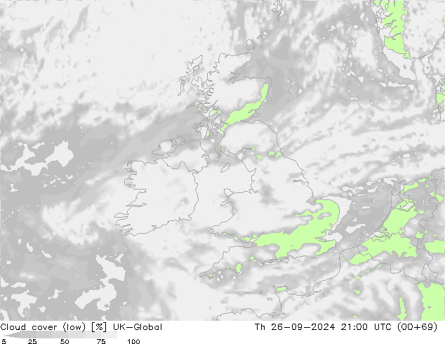 Cloud cover (low) UK-Global Th 26.09.2024 21 UTC