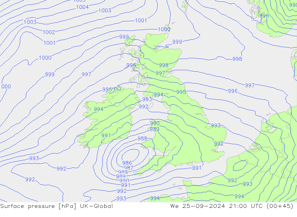 Surface pressure UK-Global We 25.09.2024 21 UTC