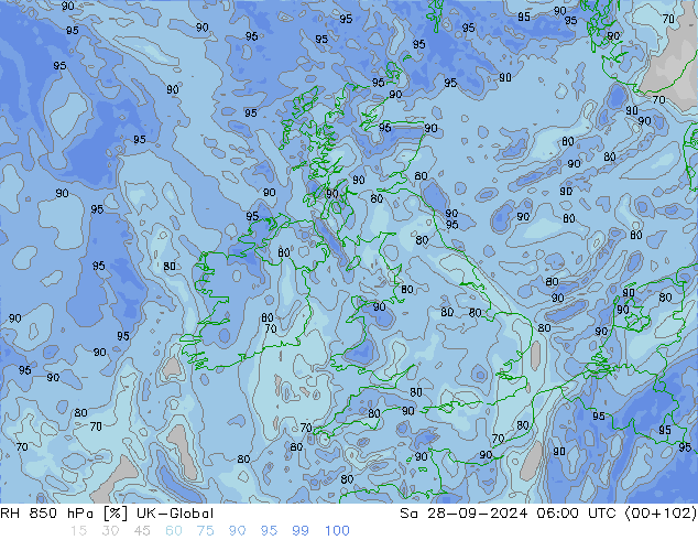 RH 850 гПа UK-Global сб 28.09.2024 06 UTC