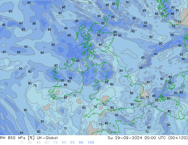 RH 850 hPa UK-Global dom 29.09.2024 00 UTC