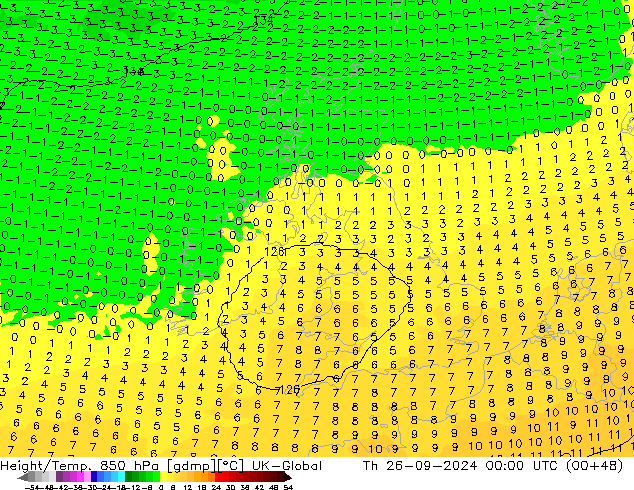 Height/Temp. 850 hPa UK-Global Th 26.09.2024 00 UTC