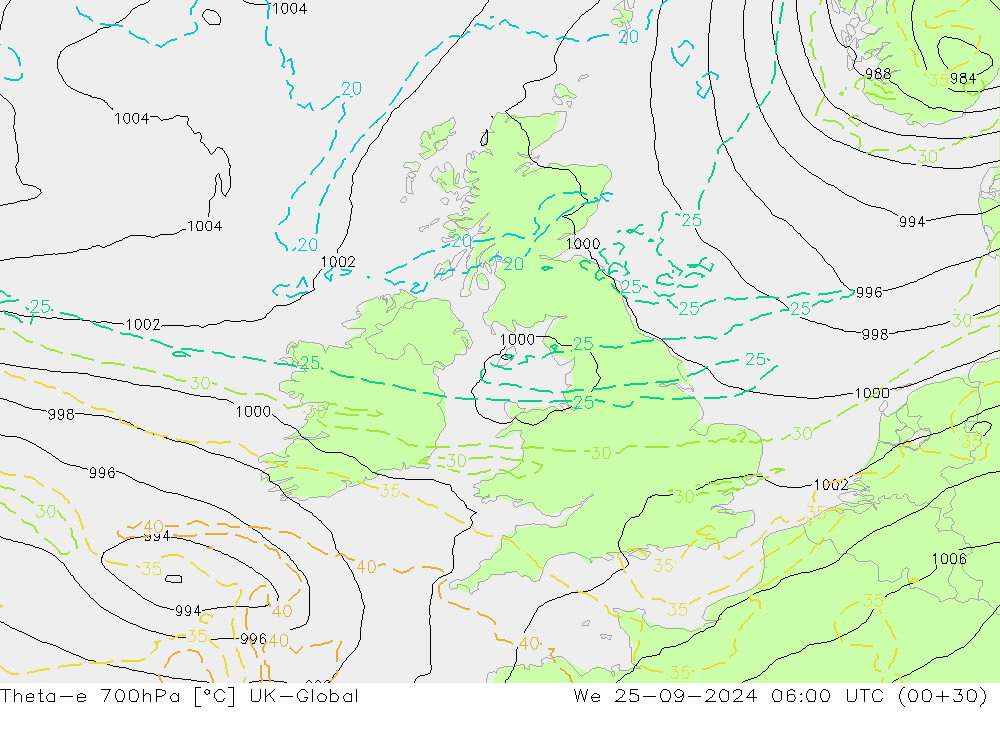 Theta-e 700hPa UK-Global mer 25.09.2024 06 UTC