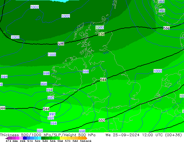 Espesor 500-1000 hPa UK-Global mié 25.09.2024 12 UTC