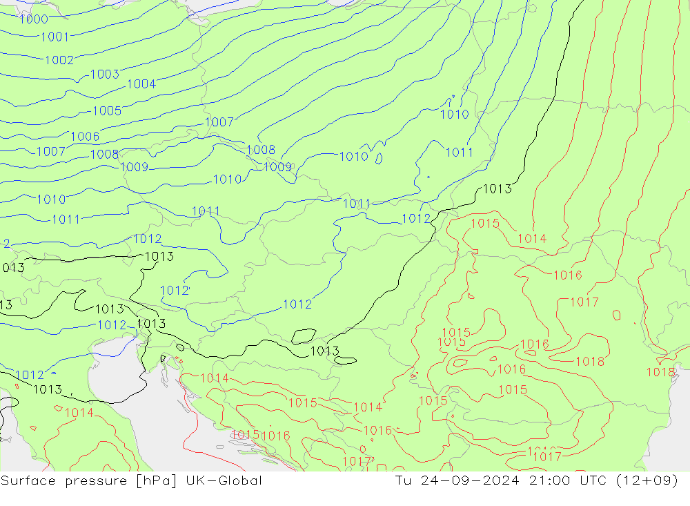 Surface pressure UK-Global Tu 24.09.2024 21 UTC