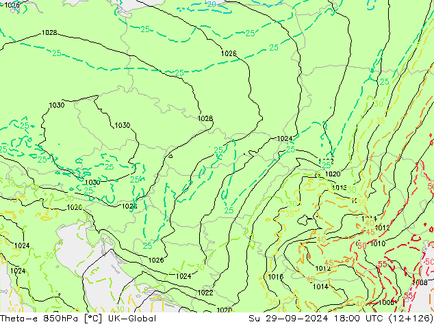Theta-e 850hPa UK-Global nie. 29.09.2024 18 UTC