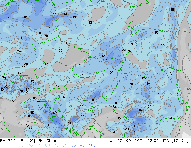 RH 700 hPa UK-Global We 25.09.2024 12 UTC