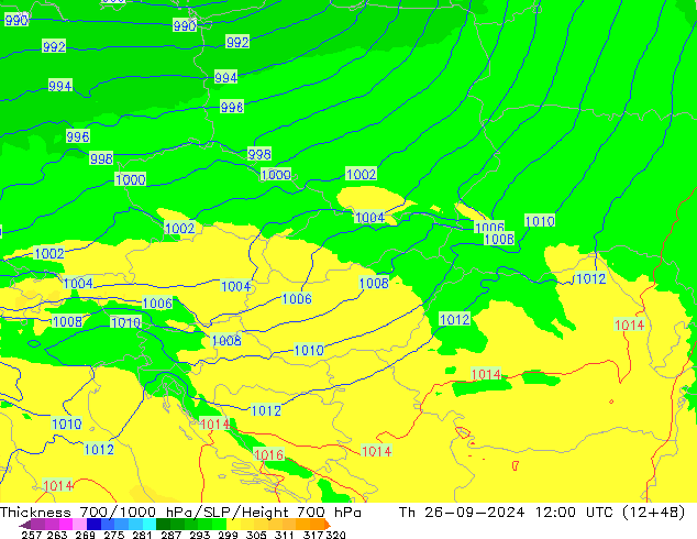 Thck 700-1000 гПа UK-Global чт 26.09.2024 12 UTC