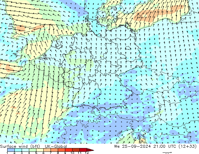 Vento 10 m (bft) UK-Global Qua 25.09.2024 21 UTC