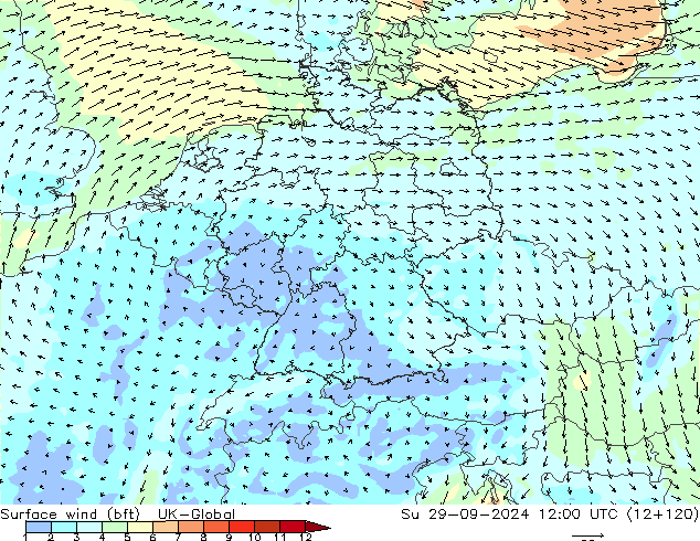 Wind 10 m (bft) UK-Global zo 29.09.2024 12 UTC