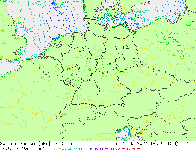 Isotachs (kph) UK-Global вт 24.09.2024 18 UTC