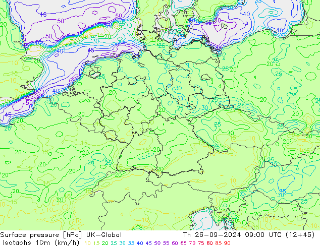 Isotachs (kph) UK-Global Qui 26.09.2024 09 UTC