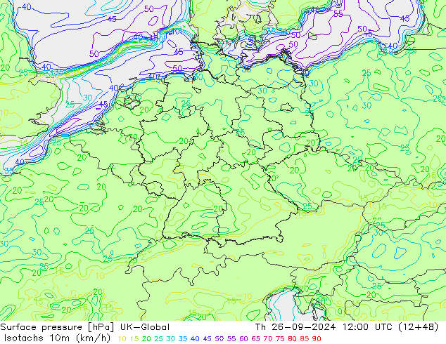 Isotachs (kph) UK-Global Th 26.09.2024 12 UTC