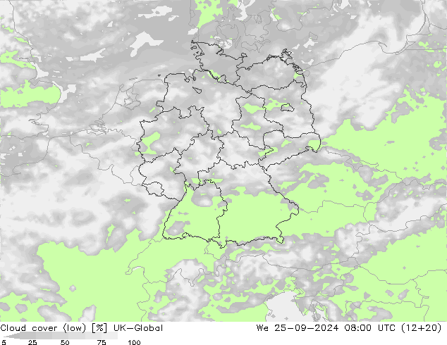 Cloud cover (low) UK-Global We 25.09.2024 08 UTC