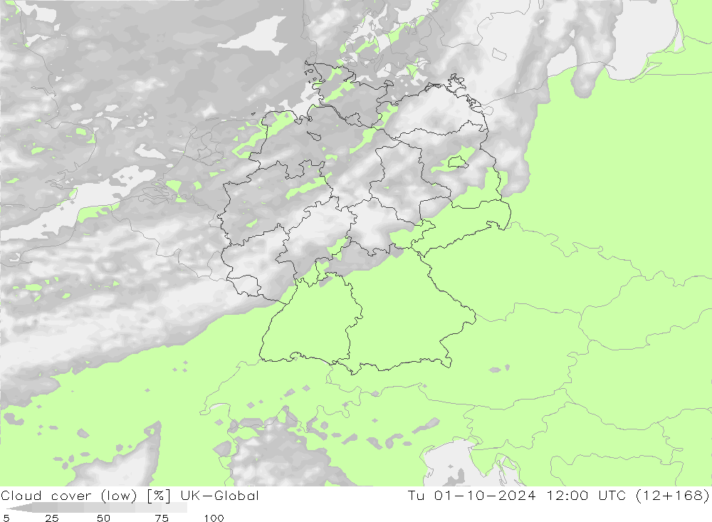 Cloud cover (low) UK-Global Tu 01.10.2024 12 UTC