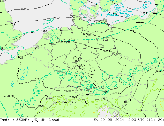 Theta-e 850hPa UK-Global nie. 29.09.2024 12 UTC