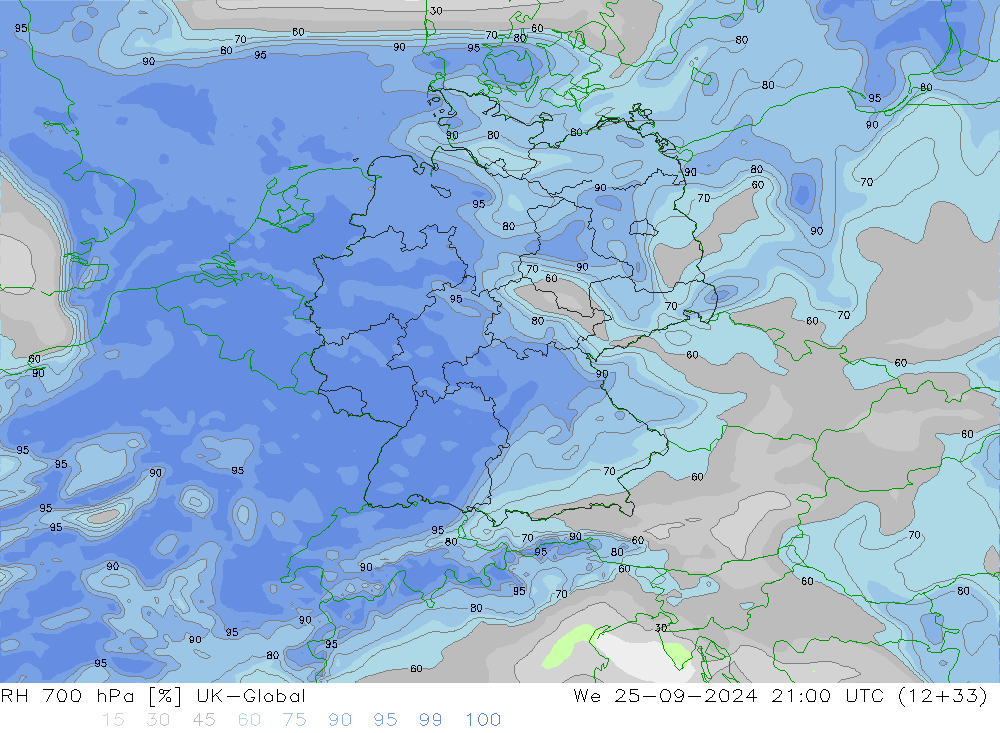 RH 700 hPa UK-Global We 25.09.2024 21 UTC