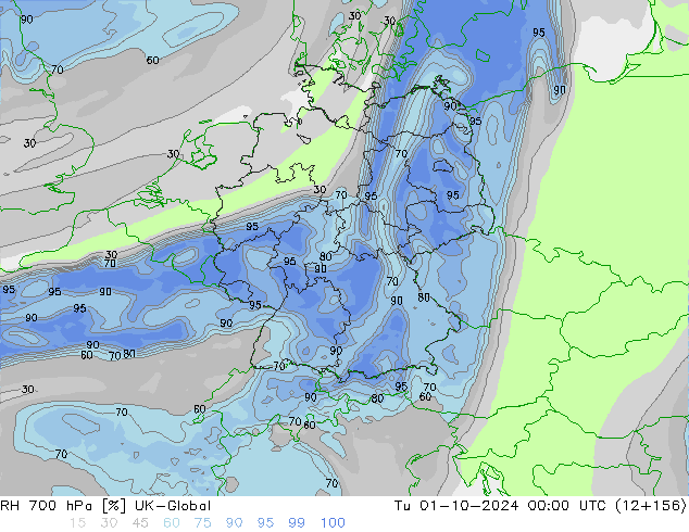 RH 700 hPa UK-Global mar 01.10.2024 00 UTC