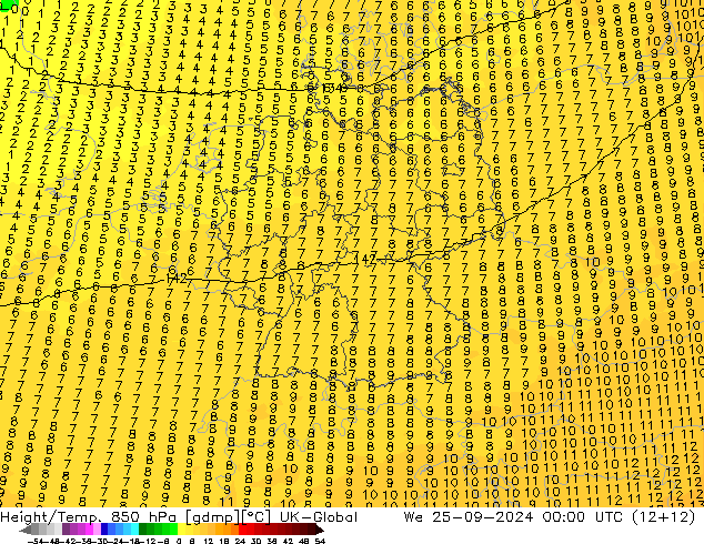 Height/Temp. 850 hPa UK-Global We 25.09.2024 00 UTC