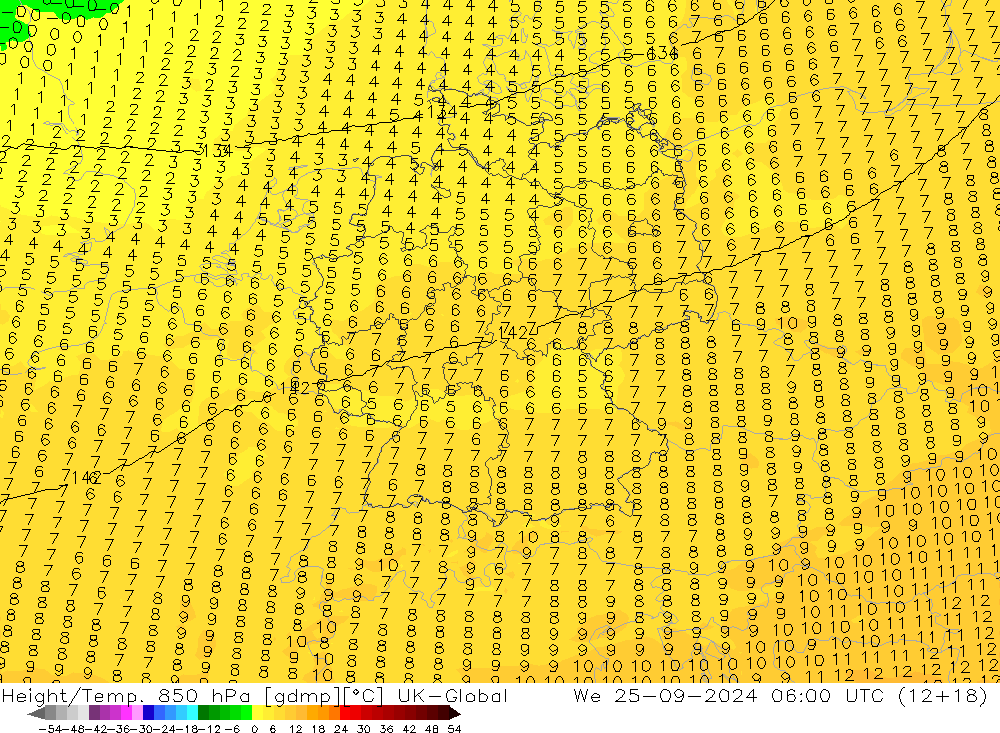 Height/Temp. 850 hPa UK-Global śro. 25.09.2024 06 UTC