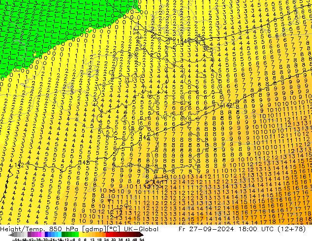 Hoogte/Temp. 850 hPa UK-Global vr 27.09.2024 18 UTC