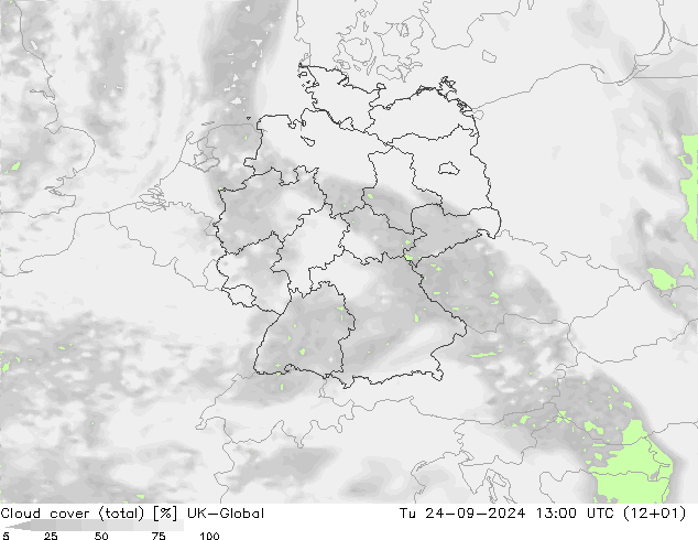 Cloud cover (total) UK-Global Tu 24.09.2024 13 UTC