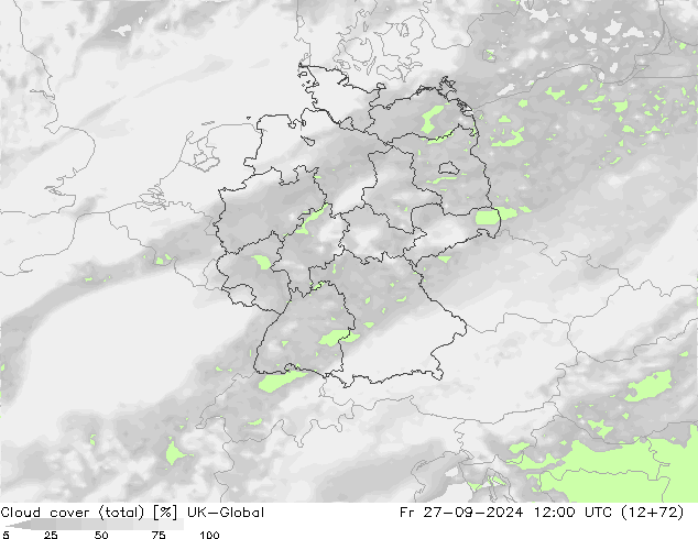 Cloud cover (total) UK-Global Fr 27.09.2024 12 UTC