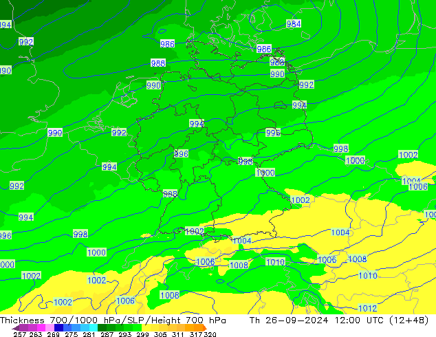 Thck 700-1000 hPa UK-Global Th 26.09.2024 12 UTC